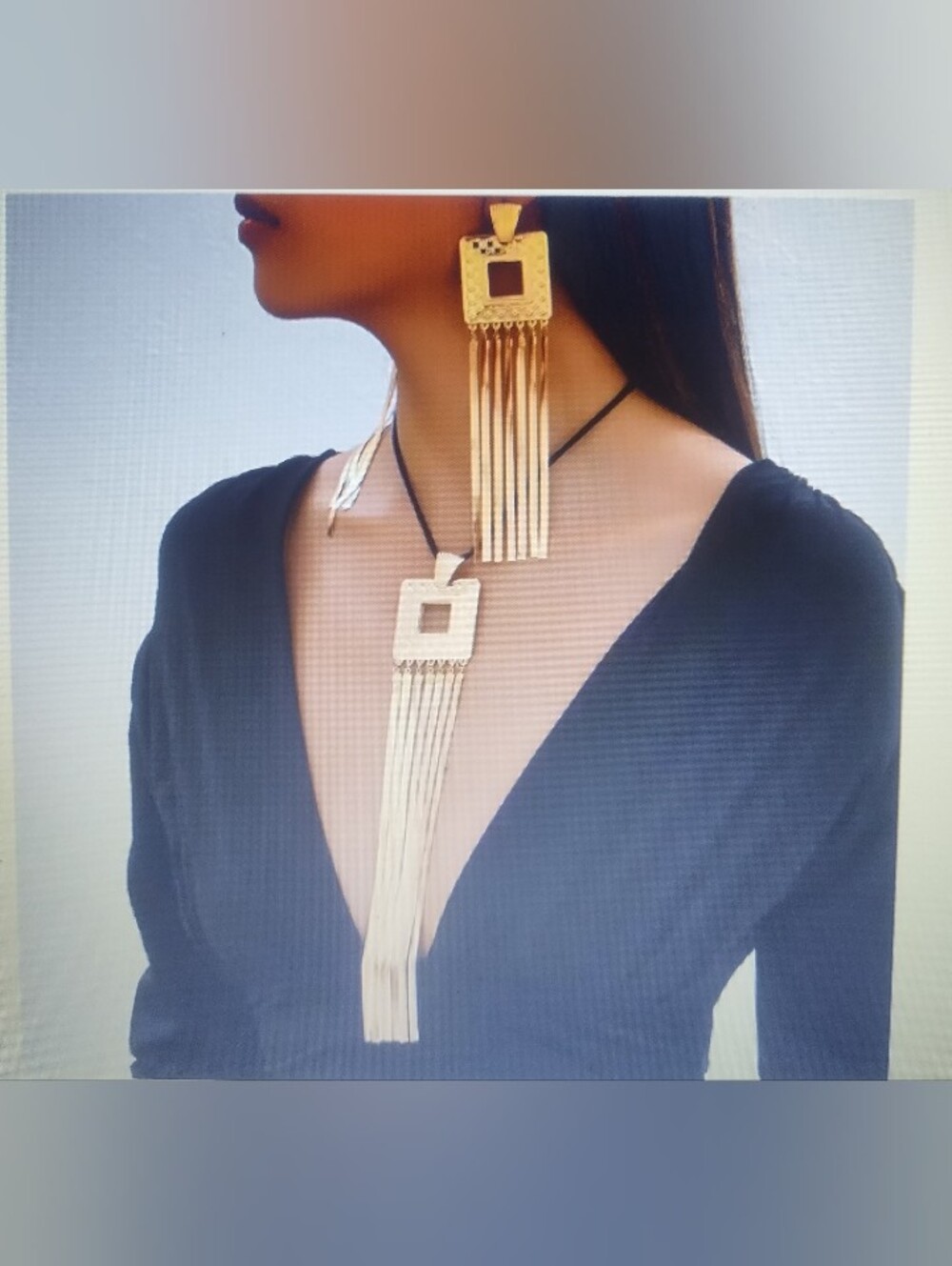 Gold Fringe Pendant Necklace and Earrings Set - Elegant Women Jewelry